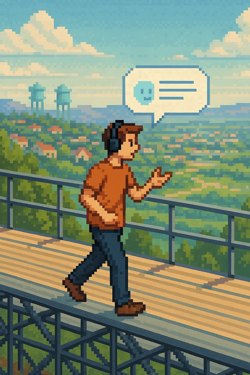 A quiet area with bleachers where the protagonist might stop and continue the conversation.