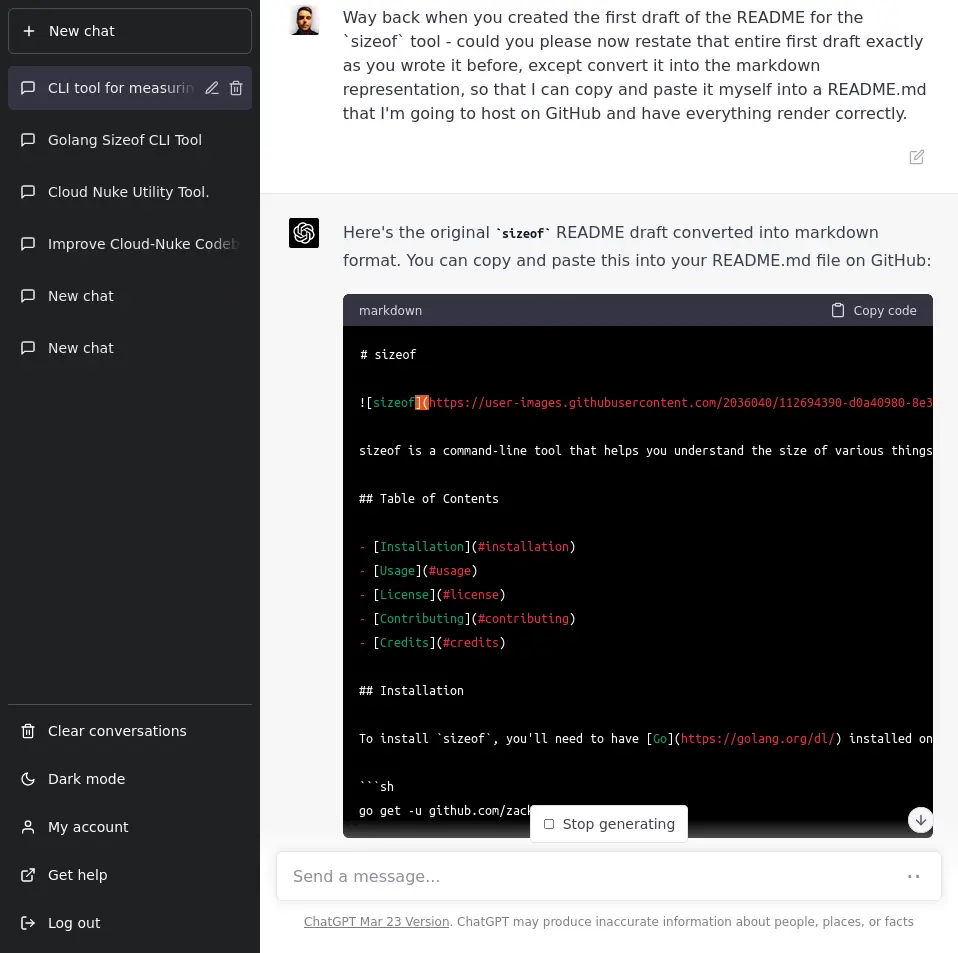 ChatGPT-4 regenerating the README in markdown format
