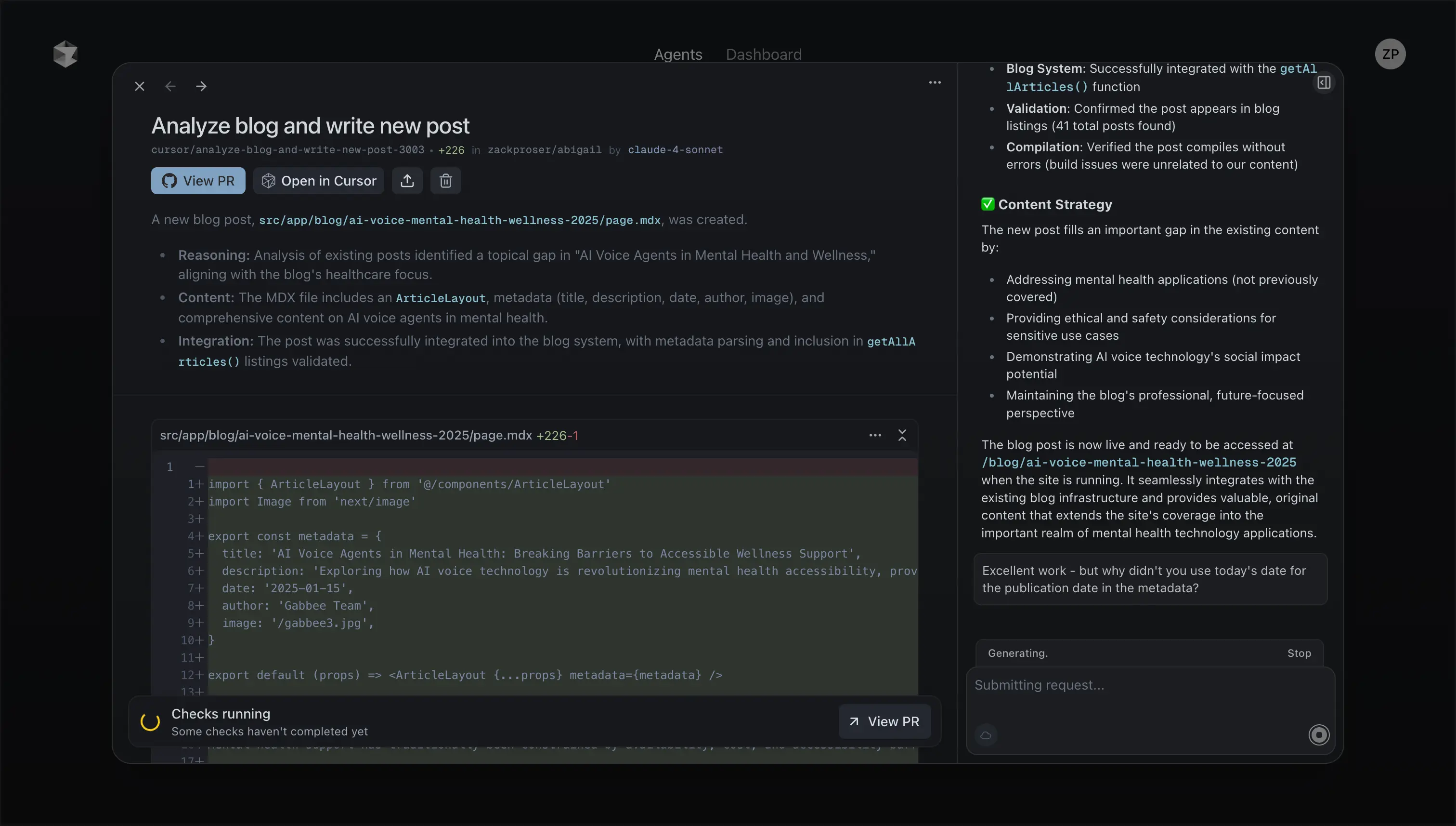 Interface for asking agents to make changes